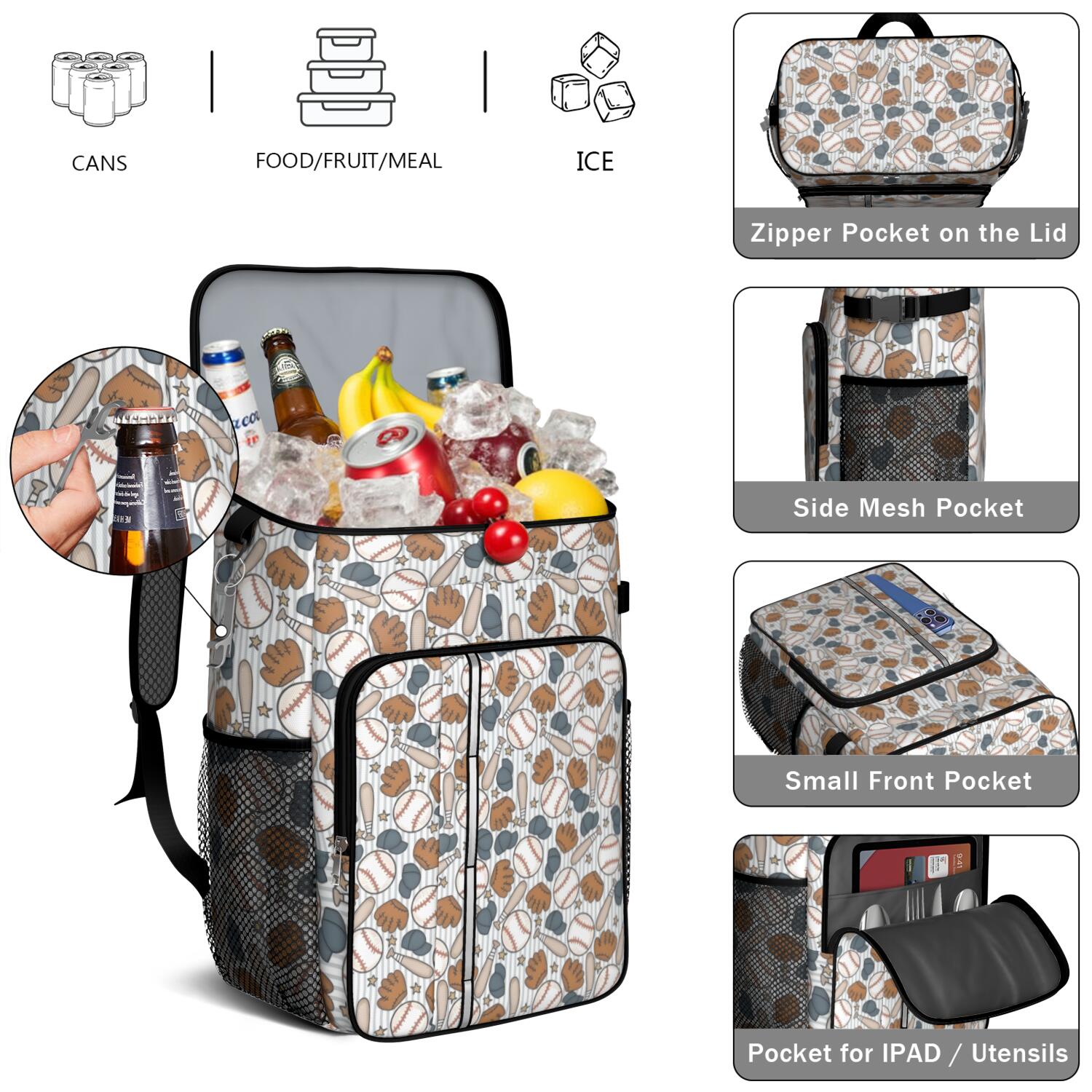 Travel Cooler Bag - Striped Baseball Items Pattern Camping Beer Cooler Backpack with Bottle Opener- Waterproof Insulated Picnic Backpacks - Cooler Bag for Beach