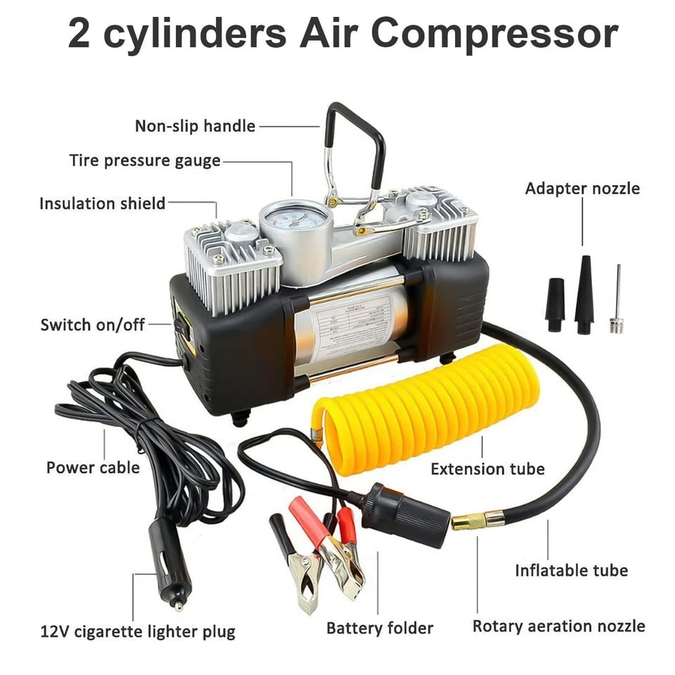 Tire Inflator Portable Air Compressor, 12V DC Double Cylinders Heavy Duty Air Pump With Digital Pressure Gauge,150PSI Emergency LED Light for Truck, SUV, Car, RV