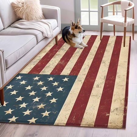 Retro Red Blue American Flag Area Rug 3x5 FT Non Slip Entryway Bedside Carpet US Flag Vintage Stars Washable Soft Floor Carpet Indoor Mat Non-Shedding Throw Rugs for Dorm Kitchen Home Office