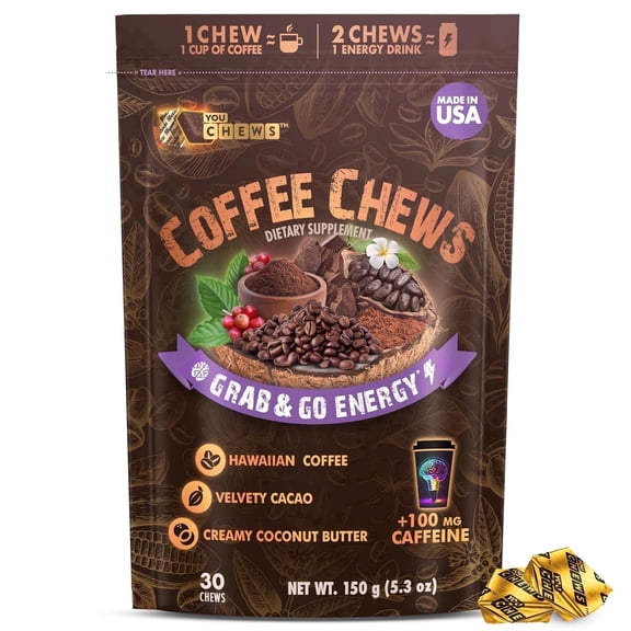YouChews Hawaiian Kona Coffee Energy Chews, 100mg Caffeine Chews, Vegan & Plant-Based, Daily Energy Boost Chews, 30 Count