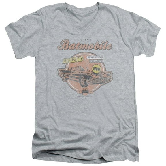 Batman Amazing Batmobile S/S Adult V-Neck T-Shirt Athletic Heather
