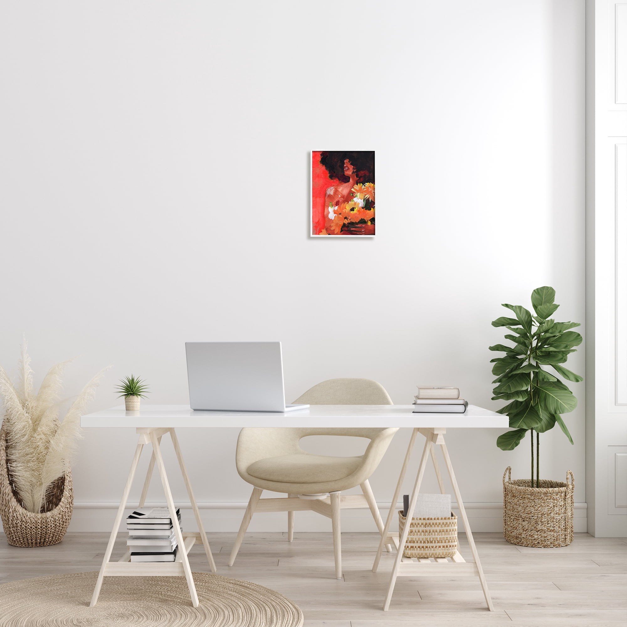 Stupell Industries African Woman Summer Sunflower Bouquet Red Yellow Botanical & Floral Painting White Framed Art Print Wall Art, 11 x 14