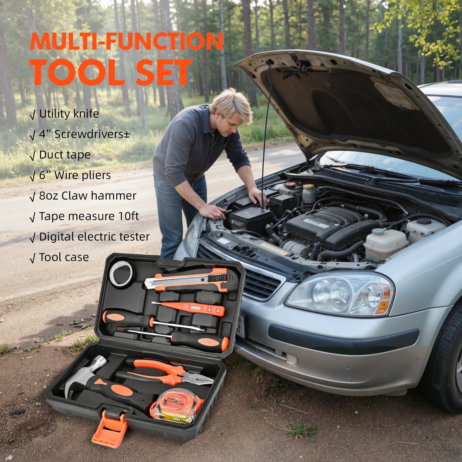112PCS Comprehensive Car Emergency Kit with Jumper Cables, Portable Air Compressor & First Aid Kit