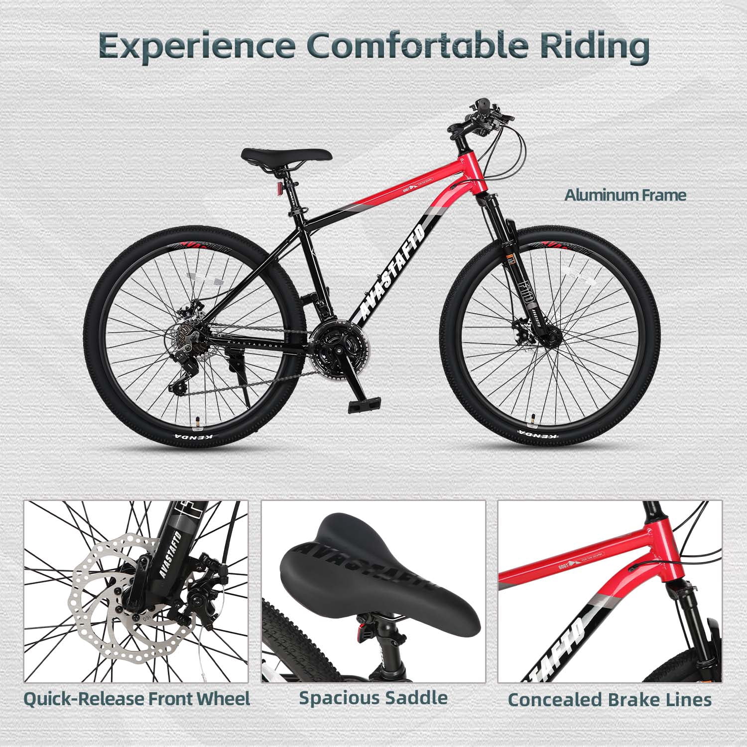 AVASTA 27.5-inch Mountain Bike for Man Male and Woman Female Adult with Lightweight Aluminum Alloy Frame and Dual Disc Brakes,Front Suspension,21-Speed Gear Shifters,Hidden Brake Cables,Red