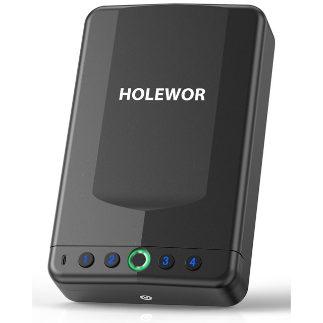 HOLEWOR Car Gun Safe, Small Pistol Safe Biometric Gun Lock Box for Handgun, Portable Fingerprint Quick Access Travel Gun Case for Nightstand Bedside
