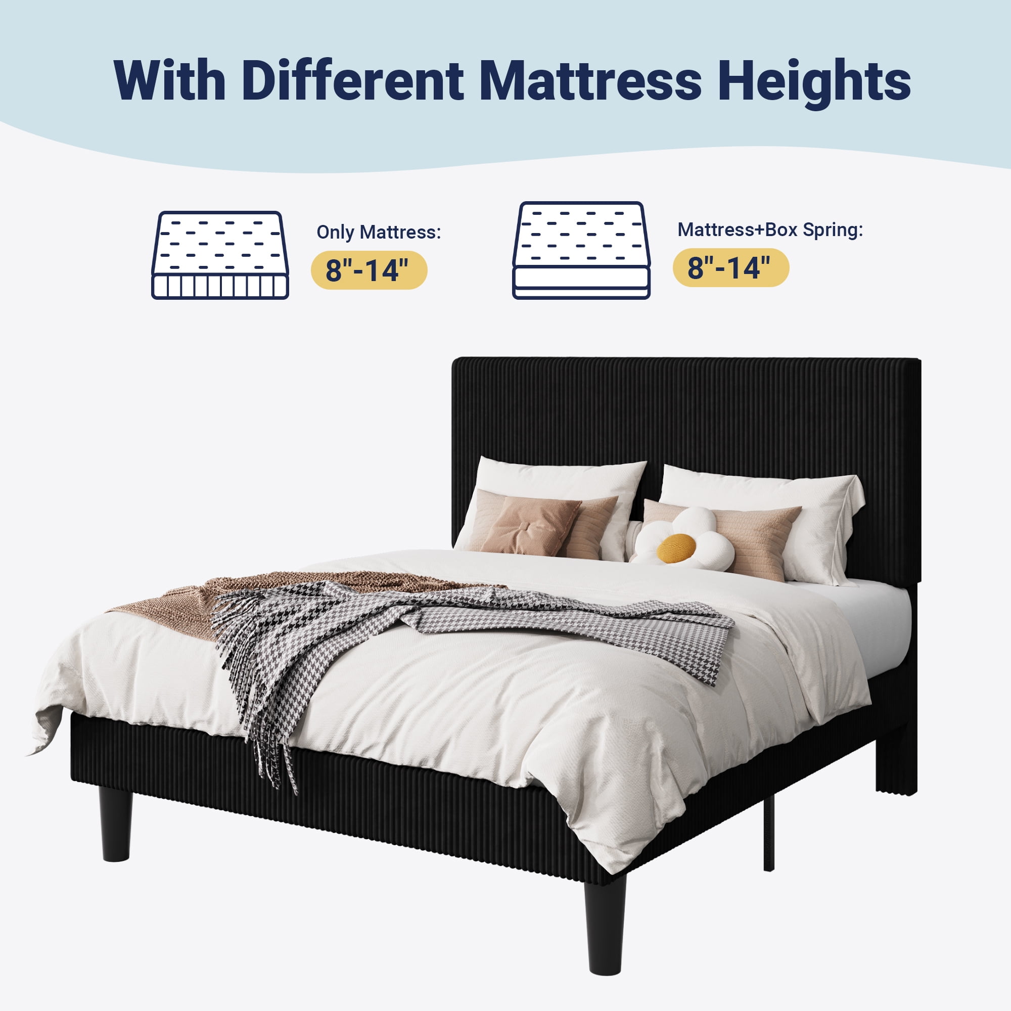 Allewie Queen Size Upholstered Bed Frame with Vertical Channel Tufted Headboard, Soft Corduroy Fabric Platform Bed, Black