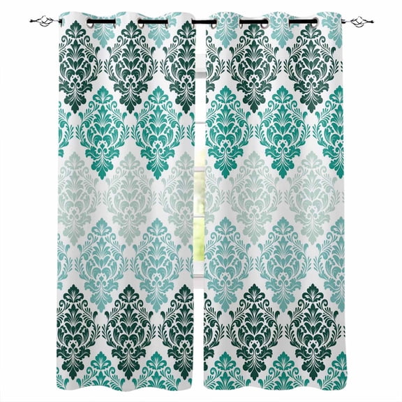 Turquoise Boho Flowers Blackout Curtains for Bedroom/Living Room, Thermal Insulated Kitchen Curtains, Modern Luxurious Geometric Floral Grommet Darkening Window Treatment Drapes 52"x63"x2