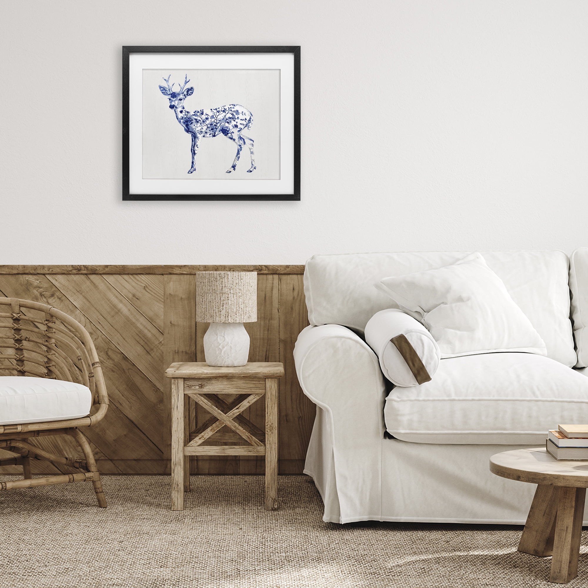 Graceful Toile Deer Black Framed Print Under Glass, design by Lettered and Lined