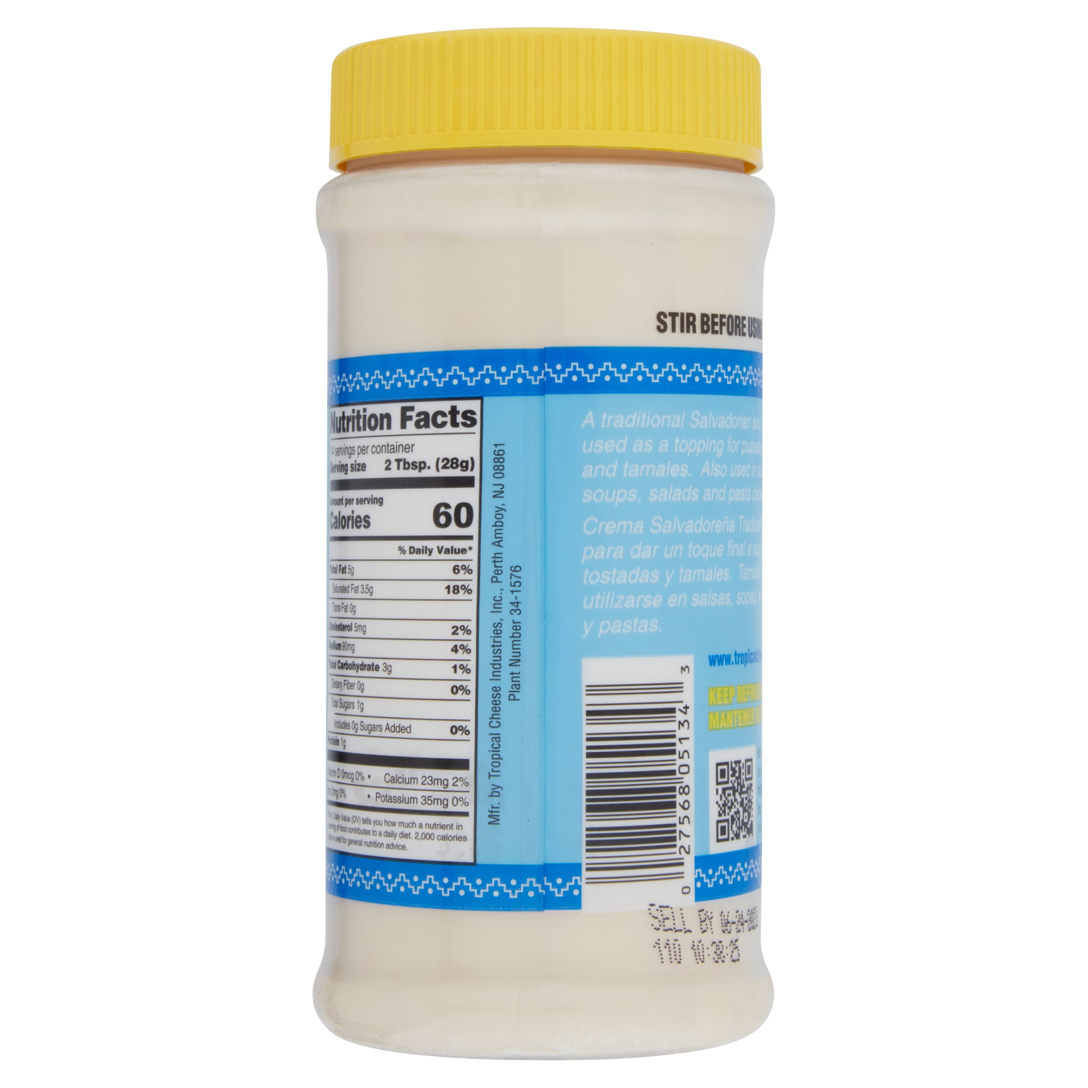 Tropical Crema Salvadorena Salvadoran Style Mild Sour Cream, Grade A Cultured, 14oz Resealable Jar, Contains Milk