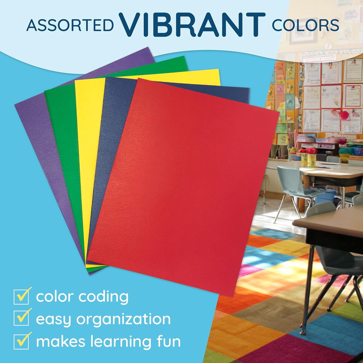 100 Paper Two Pocket Folders with Prongs, 2 Pocket Folders Bulk 100 Pack, Assorted 5 Colors, 3 Prongs for Letter Size Paper, Designed for Office and Classroom