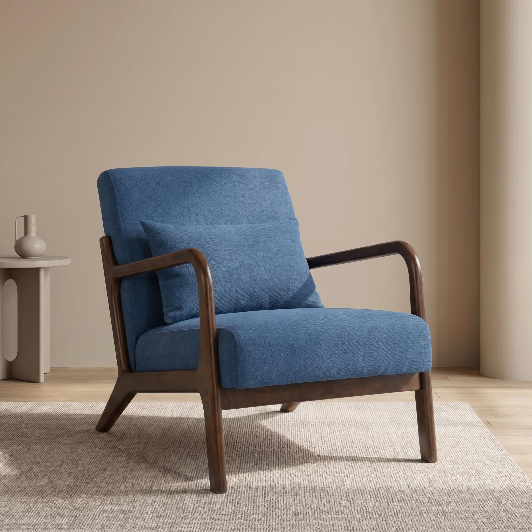 PAPROOS Mid-Century Modern Accent Chair, Velvet Fabric Arm Chair with Wood Frame and Pillow, Upholstered Armchair Comfort Reading Chair Lounge Chair for Living Room Bedroom Sunroom, Navy
