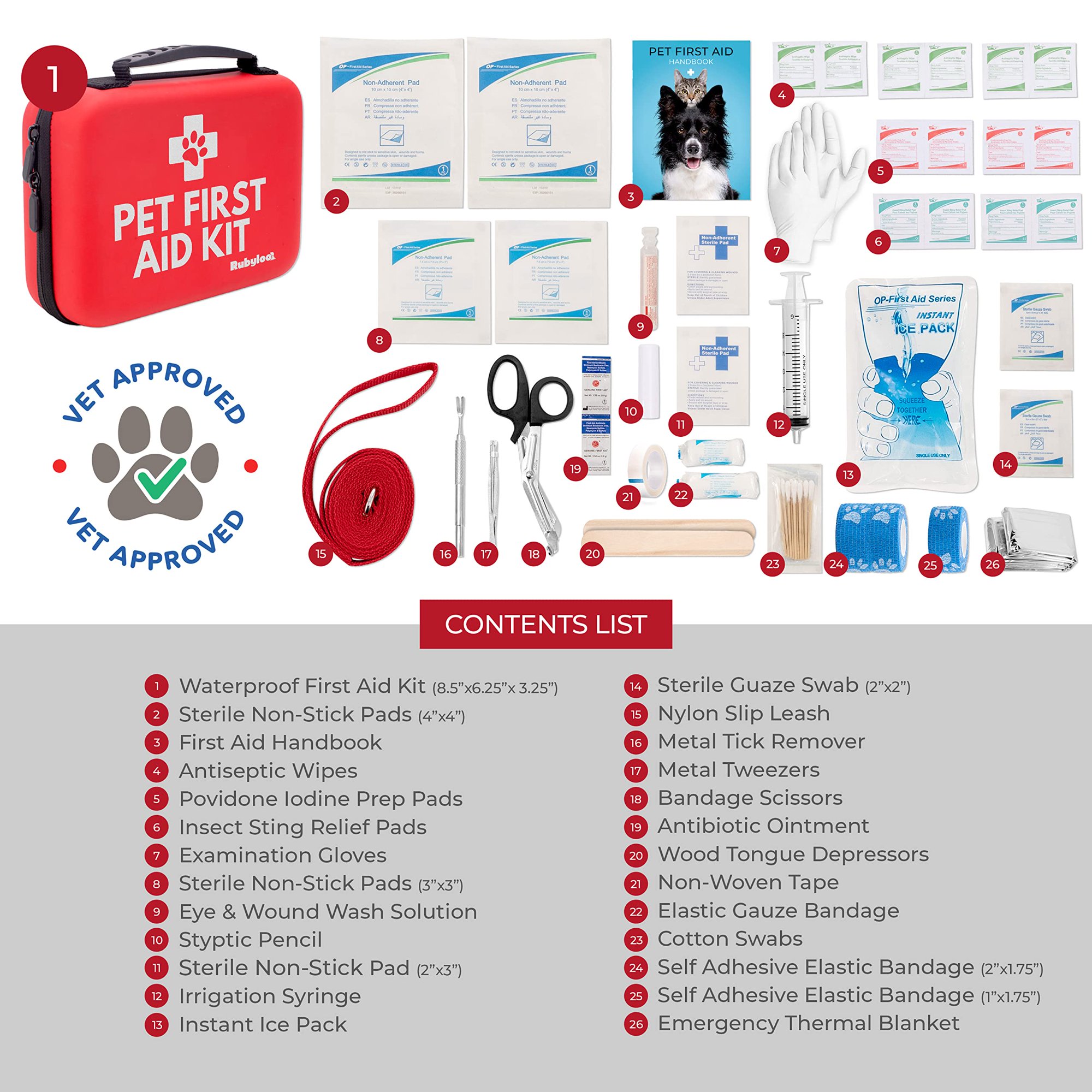 Pet First Aid Kit Essential Supplies for Dogs and Cats in Emergencies Includes First Aid Kit Book Tick Remover Slip Leash Ideal for Home and