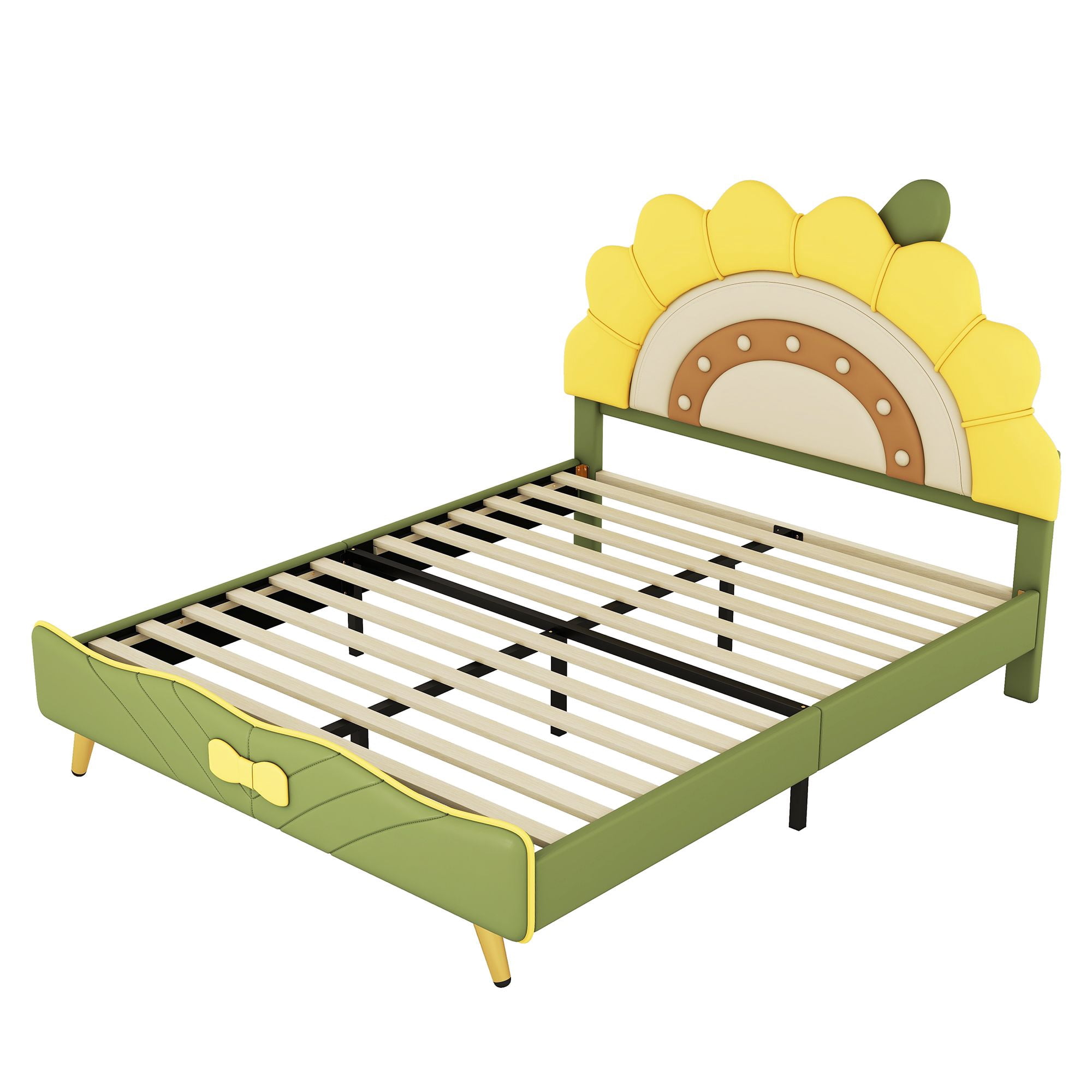 Aukfa Full Upholstered Bed Frame, Cartoon Bed with Sunflower Shape Headboard for Kids, Green