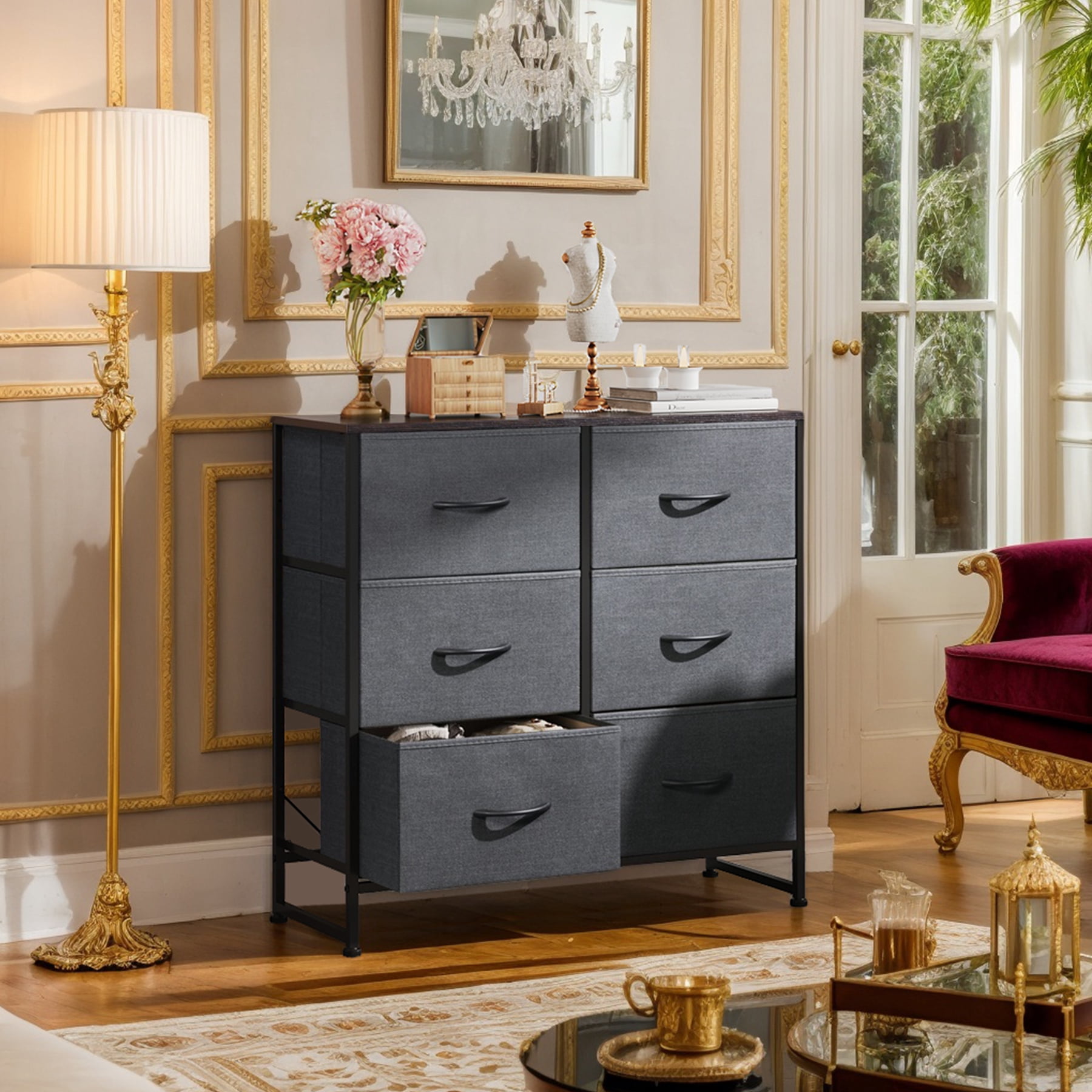 GALAXHERO 6 Drawer Fabric Dresser, Double Dresser with Storage Bins, Chest of Drawers for Bedroom, Living Room, Closet, Hallway, Dark Grey