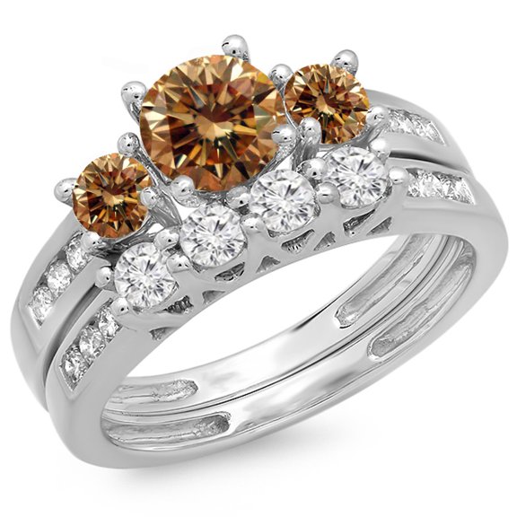 Dazzlingrock Collection 1.80 Carat (ctw) 14K Champagne & White Diamond Bridal 3 Stone Engagement Ring Set, White Gold, Size 7.5