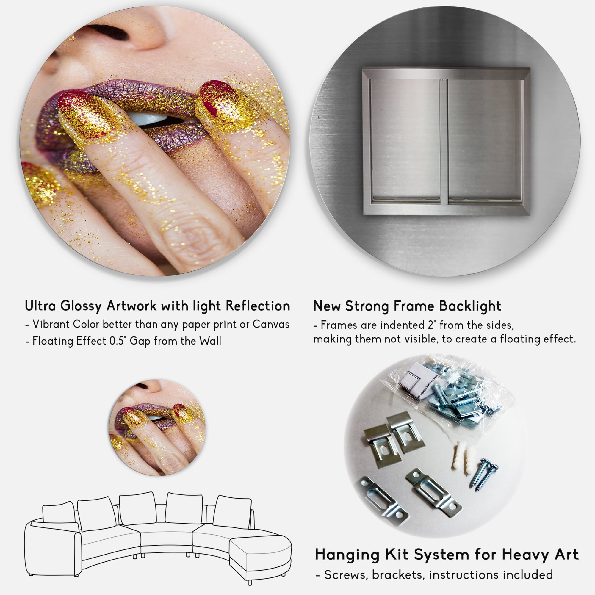 Designart 'Close-Up Of Woman Golden Gold Glitter Lipstick' Modern Circle Metal Wall Art 11x11 - Disc of 11
