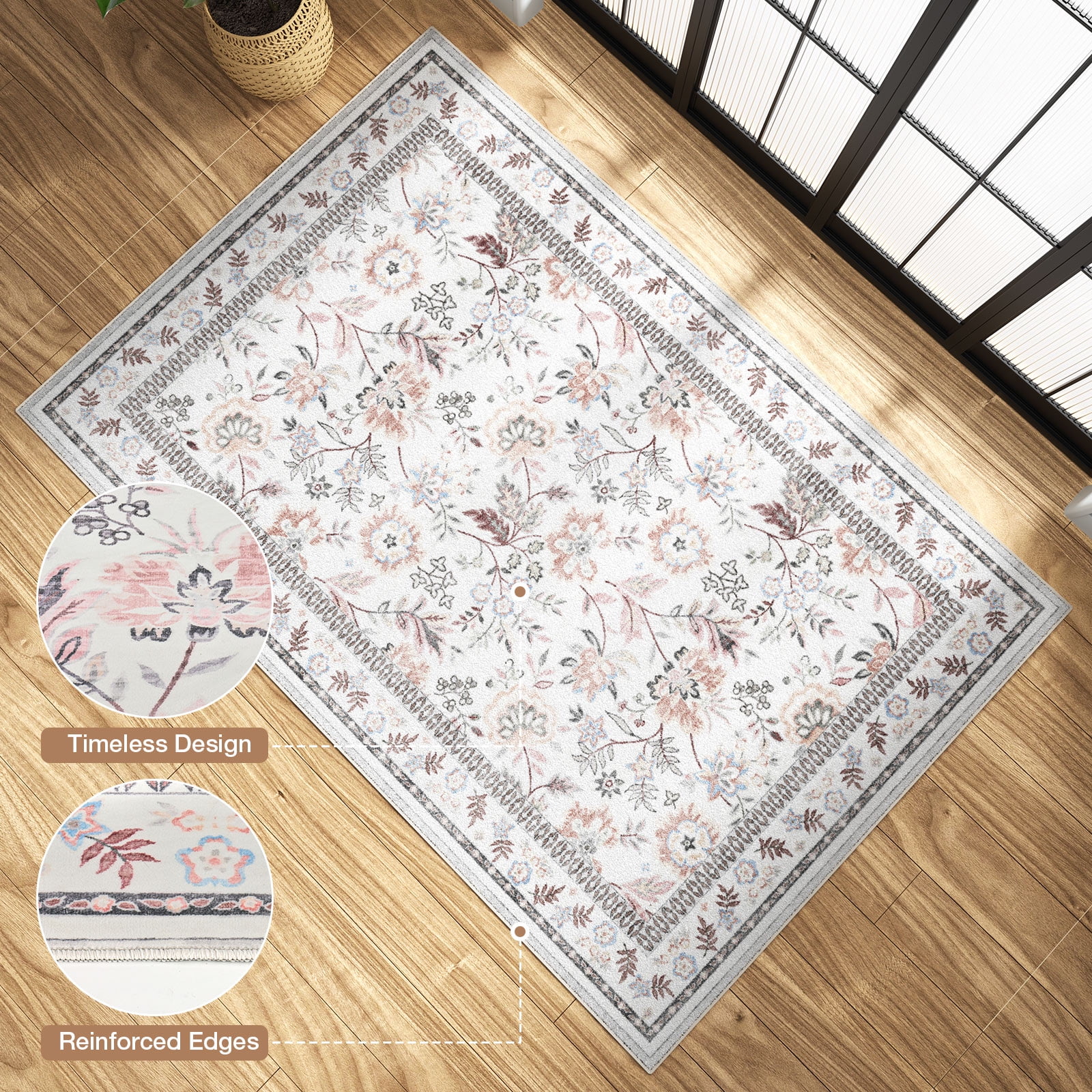 Washable Area Rug for Living Room, NovDeco 8'x10' Boho Khaki Floral Print Indoor Rug, Soft Low Pile & Stain Resistant Carpet for Bedroom Dining Room