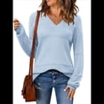 thumbnail image 3 of Suéter Informal de Larga con Cuello en V, Tejido Acanalado y Crochet Ligero para Mujer (Otoño 2025) Azul Puro S, 3 of 7