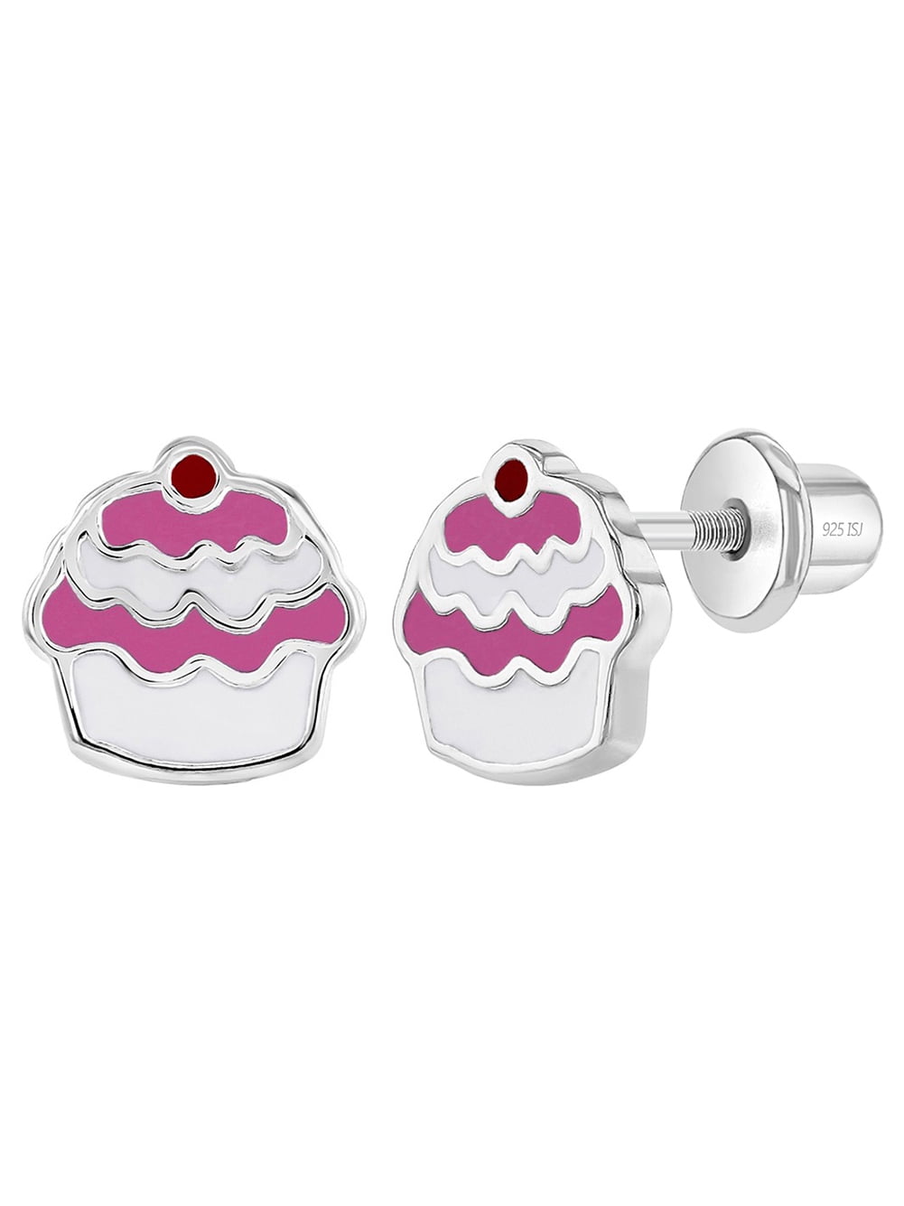 Enamel Cupcake Baby / Toddler / Kids Earrings Screw Back - Sterling Silver