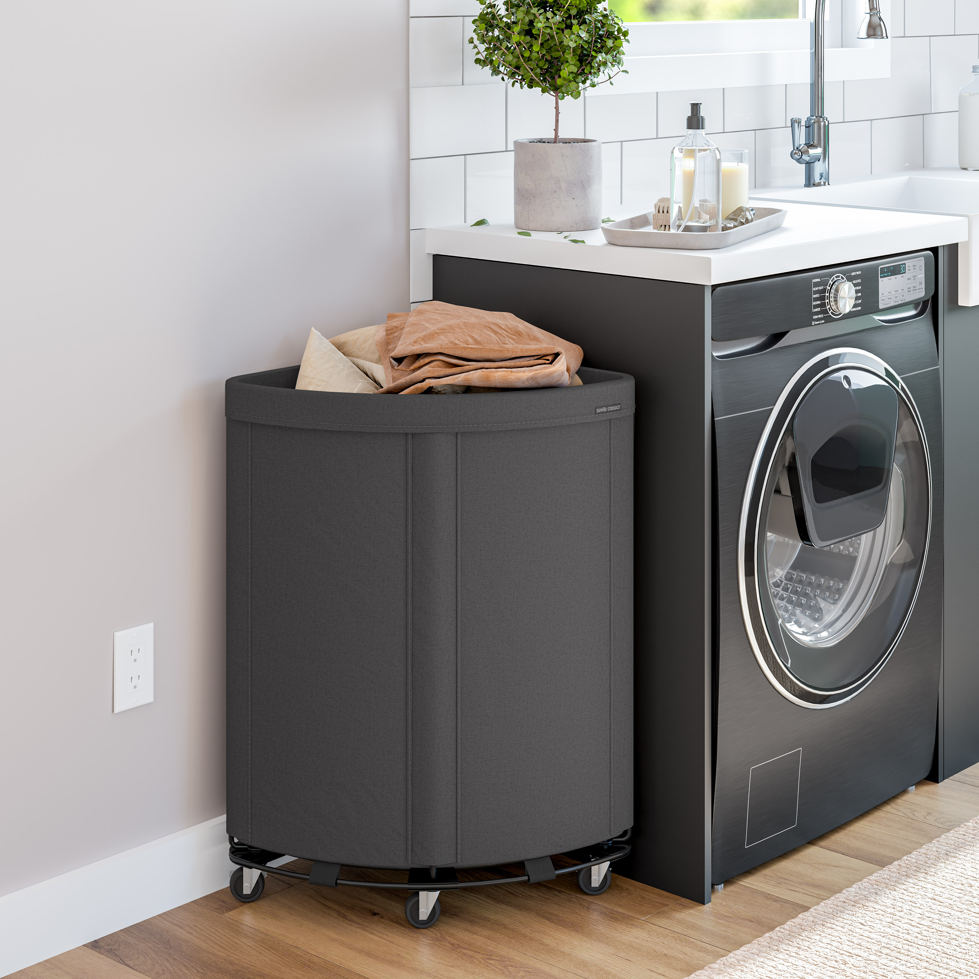 Seville Classics Corner Heavy Duty Rolling Steel Frame Laundry Hamper Canvas Cart Bin, w/ Wheels for Hotel, Home, Closet, Bedroom, Gray, 24" W x 17.7" D