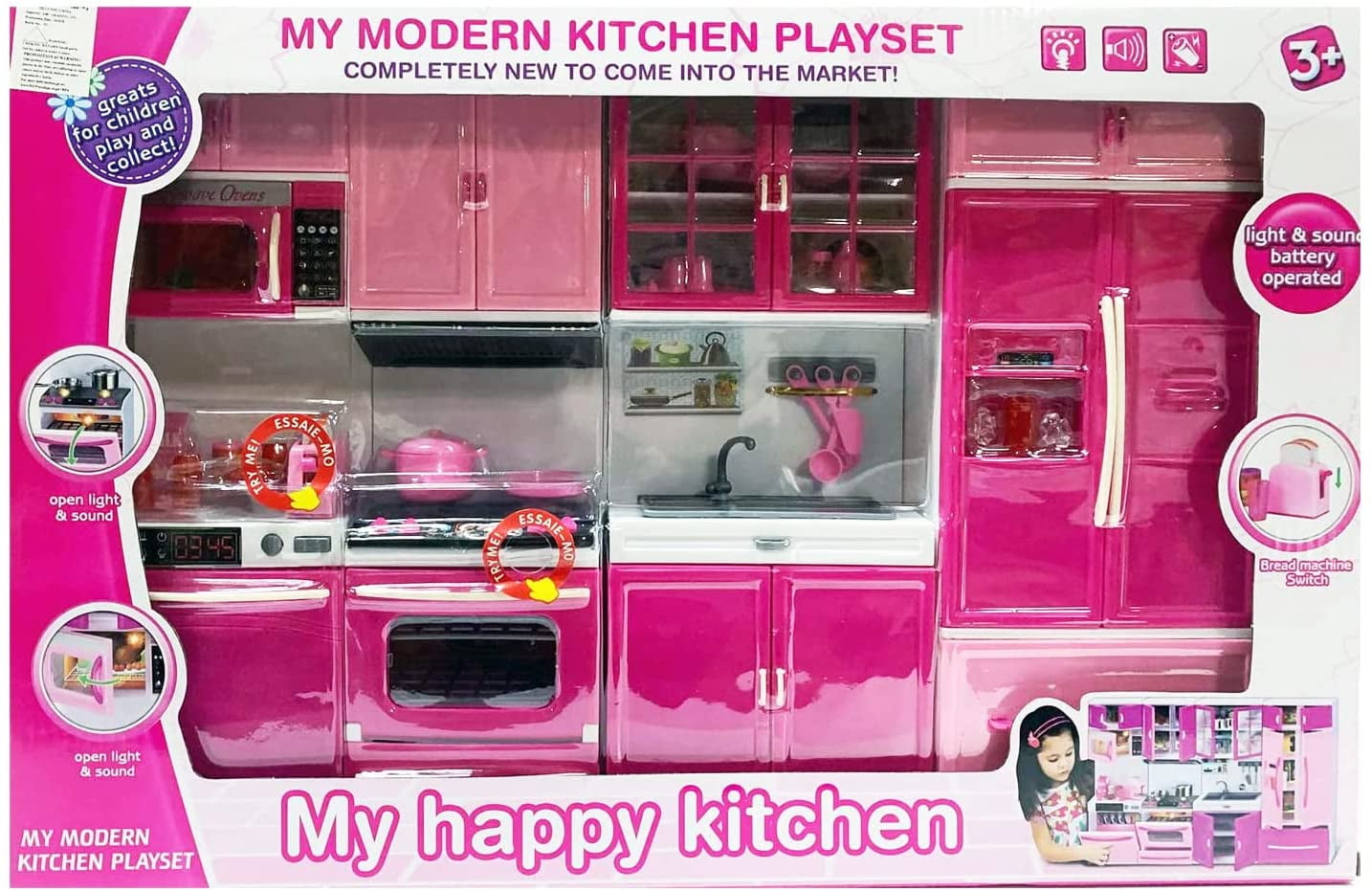 My Happy Kitchen Full Deluxe Kit Battery Operated Toy Doll Kitchen Playset w/ Lights Sounds Perfect for Use with 11-12 Tall Dolls