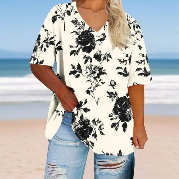 QUNYINEY Floral Women's T-Shirts V Neck Casual Short Sleeve Tunic Tops Plus Size Summer Loose Pullover Women's Tops