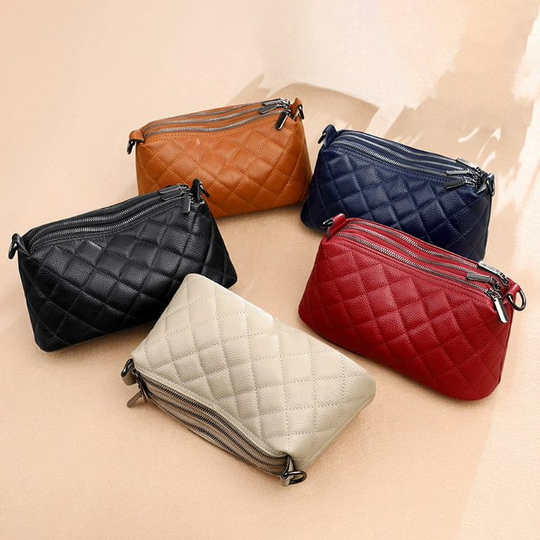 Triple Zip Genuine Leather Small Crossbody Bags for Women Quilted Shoulder Purses for Girls Handbags