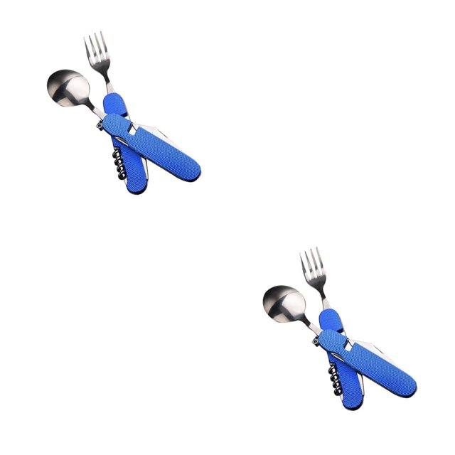 Naiovety Vajilla plegable 6 en 1 para exteriores, cubiertos multifuncionales de acero inoxidable, sacacorchos, abrebotellas, herramienta de Azul 2Conjunto