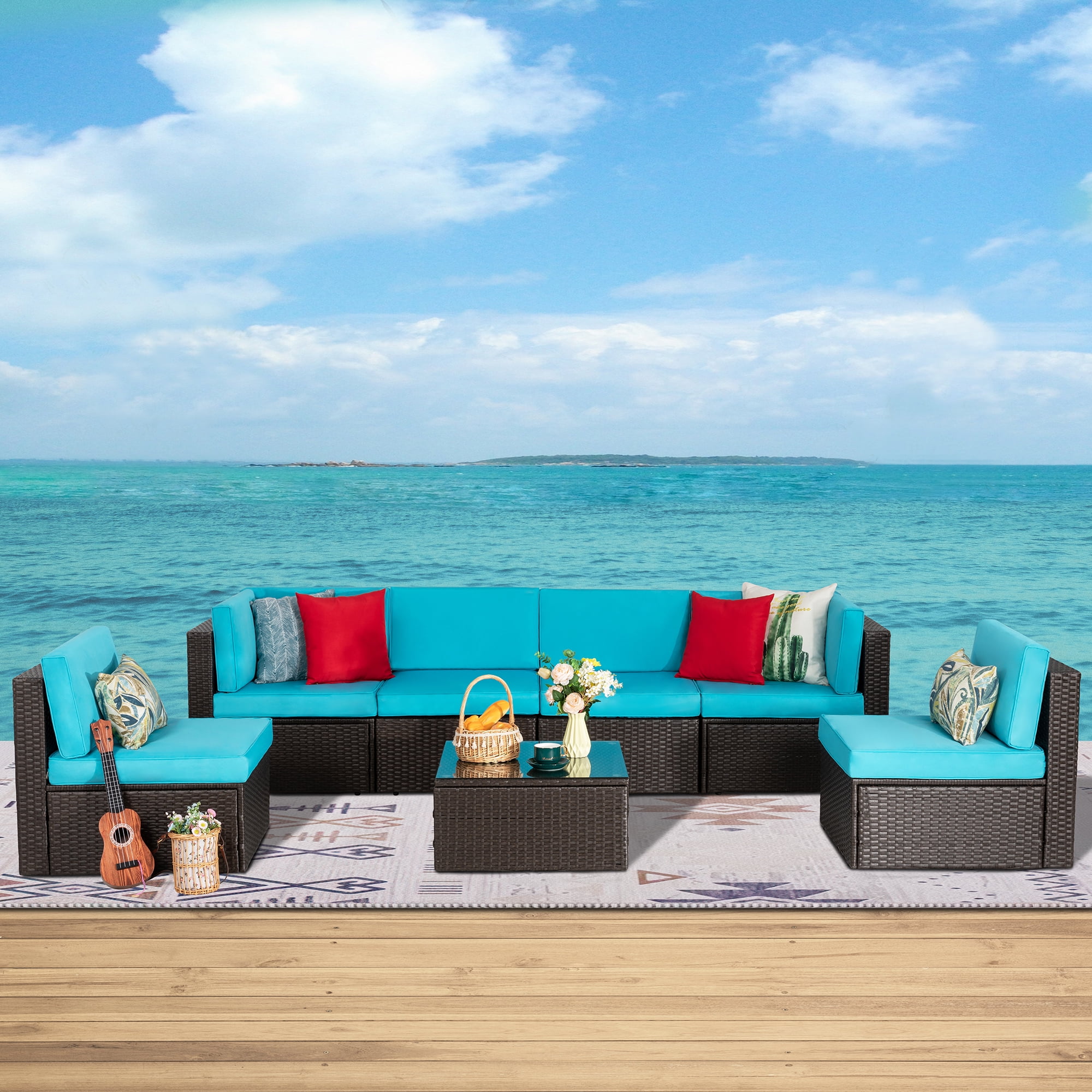 Patio Furniture Set, Walsunny 7 Piece All Weather Outdoor Sectional Sofa, Wicker Patio Conversation Set with Cushions and Tempered Glass Table for Backyard Porch, Blue