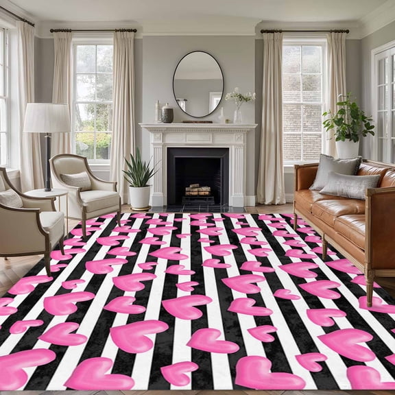 Valentines Day Area Rugs 8'x10', Washable Small Throw Rugs for Living Room Patio, Pink Love Hearts Romantic Black Stripes Indoor Outdoor Rug Non-Slip Low Pile Carpet Runner Reversible Floor Mats