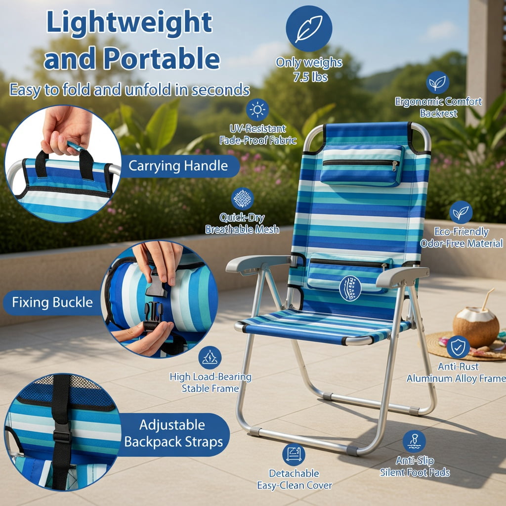 Hommoo Premium Folding Beach Chair for Adults, 4-Position Adjustable Backrest, Lightweight Aluminum Frame, Oxford Fabric Seat, Built-in Cooler Bag & Towel Bar, Blue