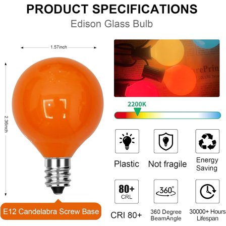 THESG-25 Pack G40 Multicolor Ceramic Replacement Lights Bulbs, Christmas Globe Replacement Bulbs for Outdoor String Lights, C7/E12 Candelabra Base, 5W Incandescent Night Light Bulbs- Multicolor