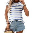 thumbnail image 2 of Women'S Ribbed Sweater Crew Neck Short Sleeve Loose Fit Stripe Knit Pullover Tops Blue M, 2 of 10