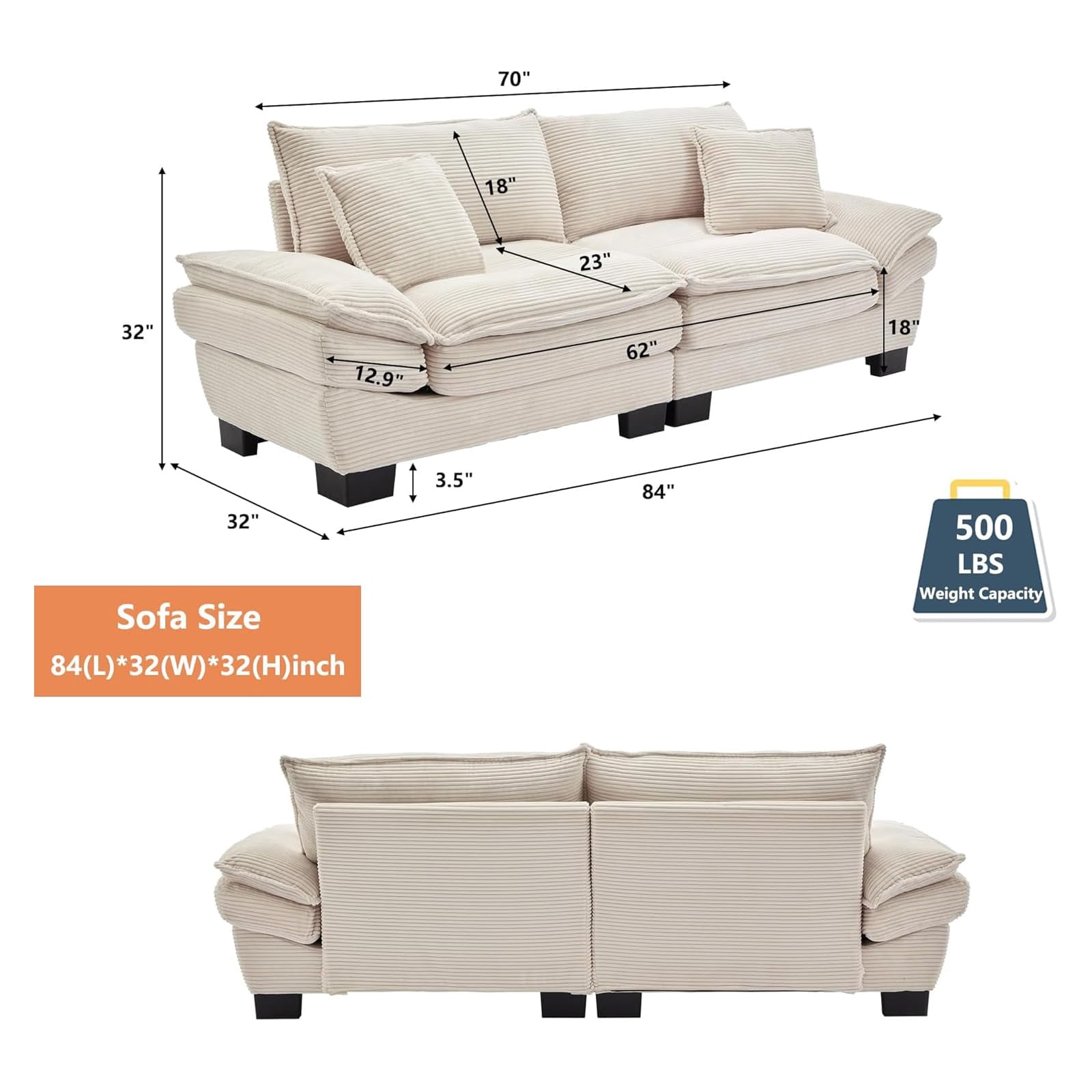 AENKYO 84" Corduroy Loveseat Sofa with Pillows, Modern 2-Seater Couch for Living Room,Beige