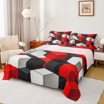 jejeloiu 3D Geometric Plaid Twin Sheet Sets,Abstract Checkered Twin Fitted Sheet,Red Gray Black Flat Sheet For Girls Boys,Super Cozy Room Decor,3pcs