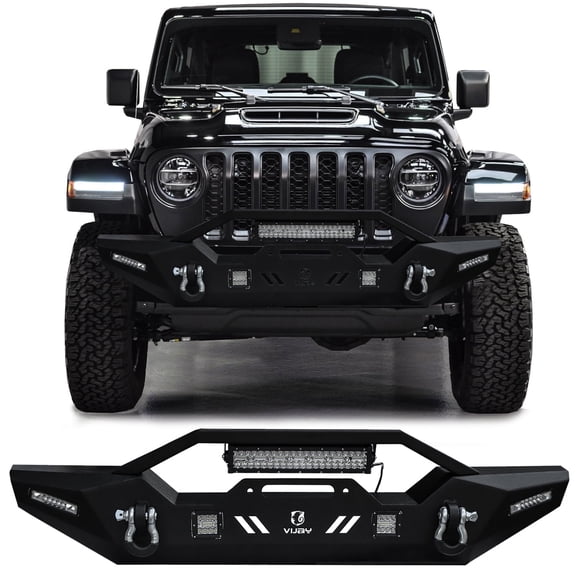 Vijay Front Bumper Compatible with 2020-2021-2022-2023-2024-2025-2026 Jeep Gladiator JT Textured Black Steel with Light and D-ring