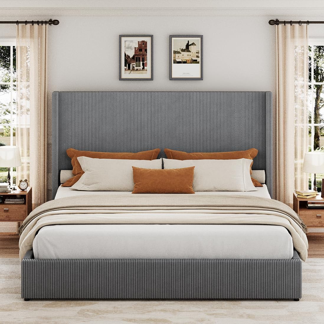 Queen Size Upholstered Platform Bed Frame with Storage Drawers, Corduroy Wingback with Tufted Headboard and Footboard, No Box Spring Needed, Grey