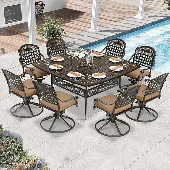 W WARMHOL 9 Piece Outdoor Patio Dining Set for 8, Cast Aluminum Large Square Dining Table & 8 Swivel Rocker Chairs with Removable Cushions, Umbrella Hole, Patio Furniture Set for Garden, Khaki