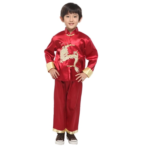 Wuxian Baby Girl Outfits Boy Tang Suit Festival Embroidery Stain Skill Long Sleeve Mandarin Collar Button Down Shirts Pants Relaxed Tracksuit Spring Autumn Dress Suit 2 Piece Set,Red,1-2 Years