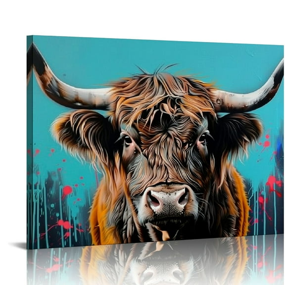 Orinice Highland Cow Canvas Wall Art Graffiti Poster Print Artwork Cow is Reading Book Picture Painting Wall Decor for Home Bathroom Kitchen Bedroom Nursery Wooden Framed   20x16in