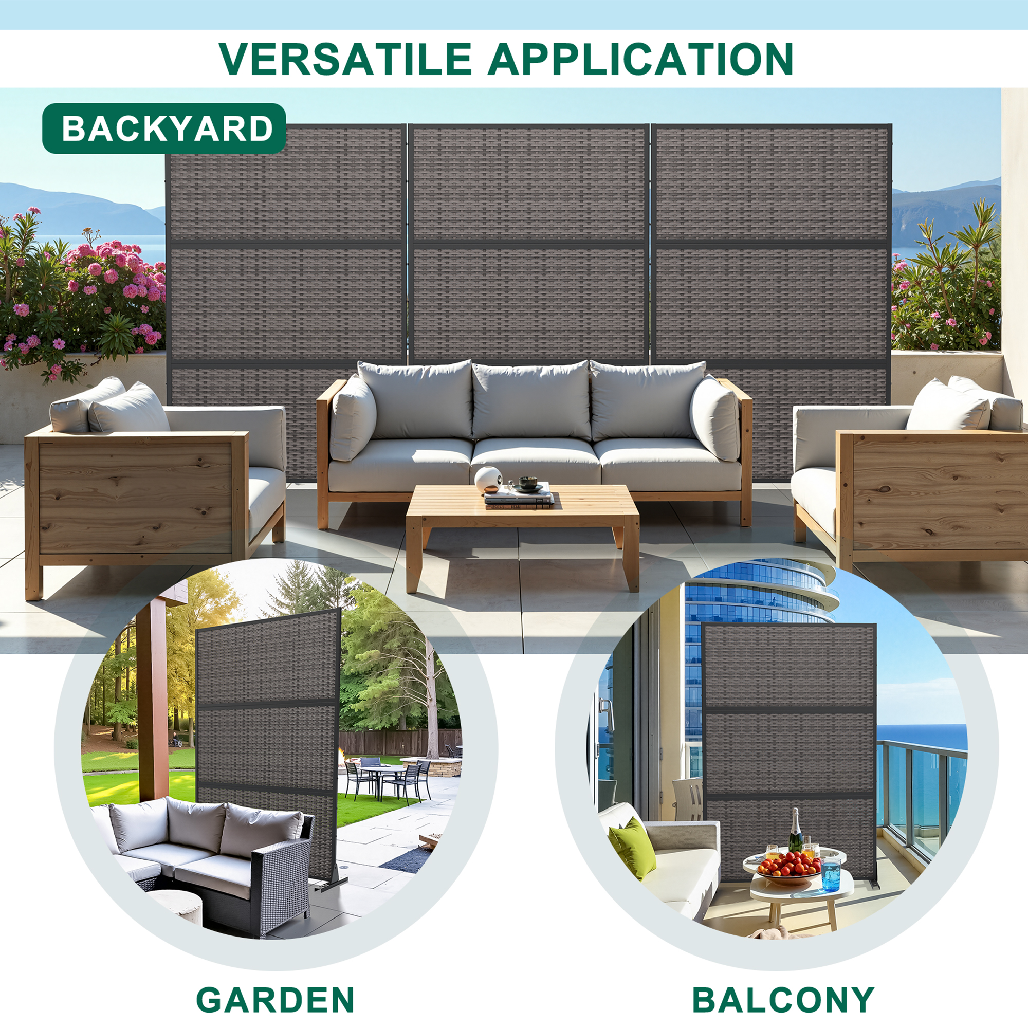 MAYEERTY 72×47" Outdoor Black Rattan Privacy Panel Screen for Backyard & Garden, Wicker Weave Pattern