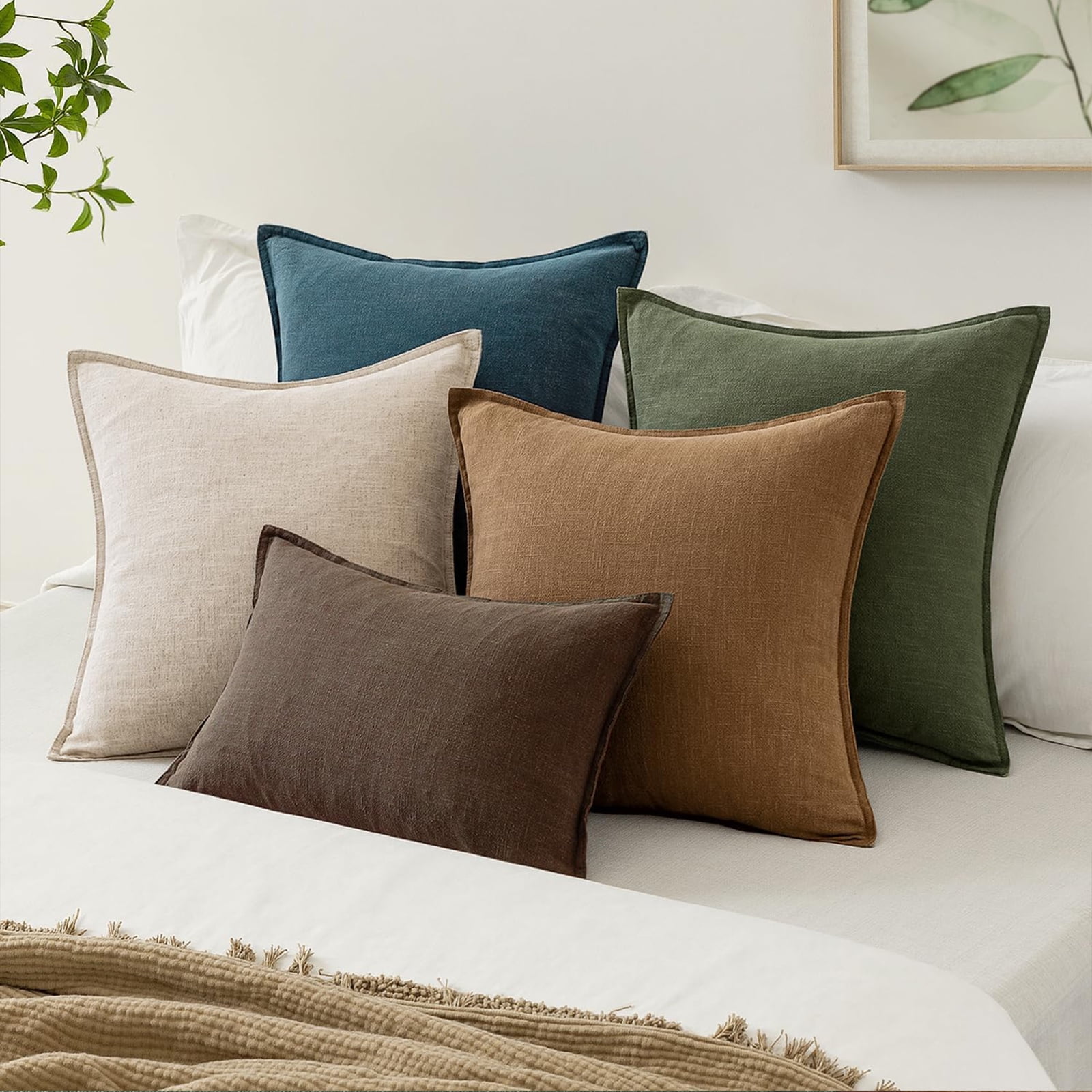 Fancy Homi 2 Packs Olive Green Decorative Linen Soild Throw Pillow Covers 20x20 inch for Living Room Couch Bed sofa, soft Square Farmhouse Vintage Cushion Cases Modern Home Décor, 50x50 cm