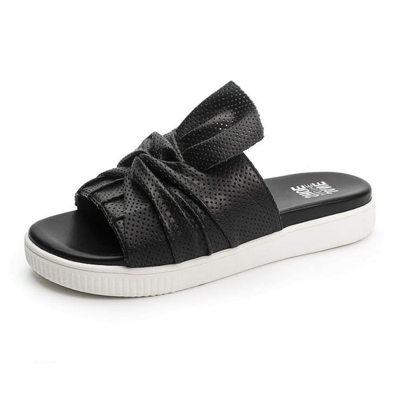 Jane and the Shoe JESSICA Bow Slides Sandals Open Toe Black Leather Mules Flats (Black, 6)