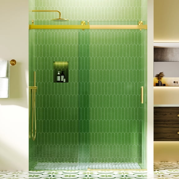 Sunrinx 56–60" W x 76" H Frameless Soft-Close Single Sliding Glass Shower Door, Tempered Glass Shower Door with Explosion-Proof Coating for Bathroom Brushed Gold