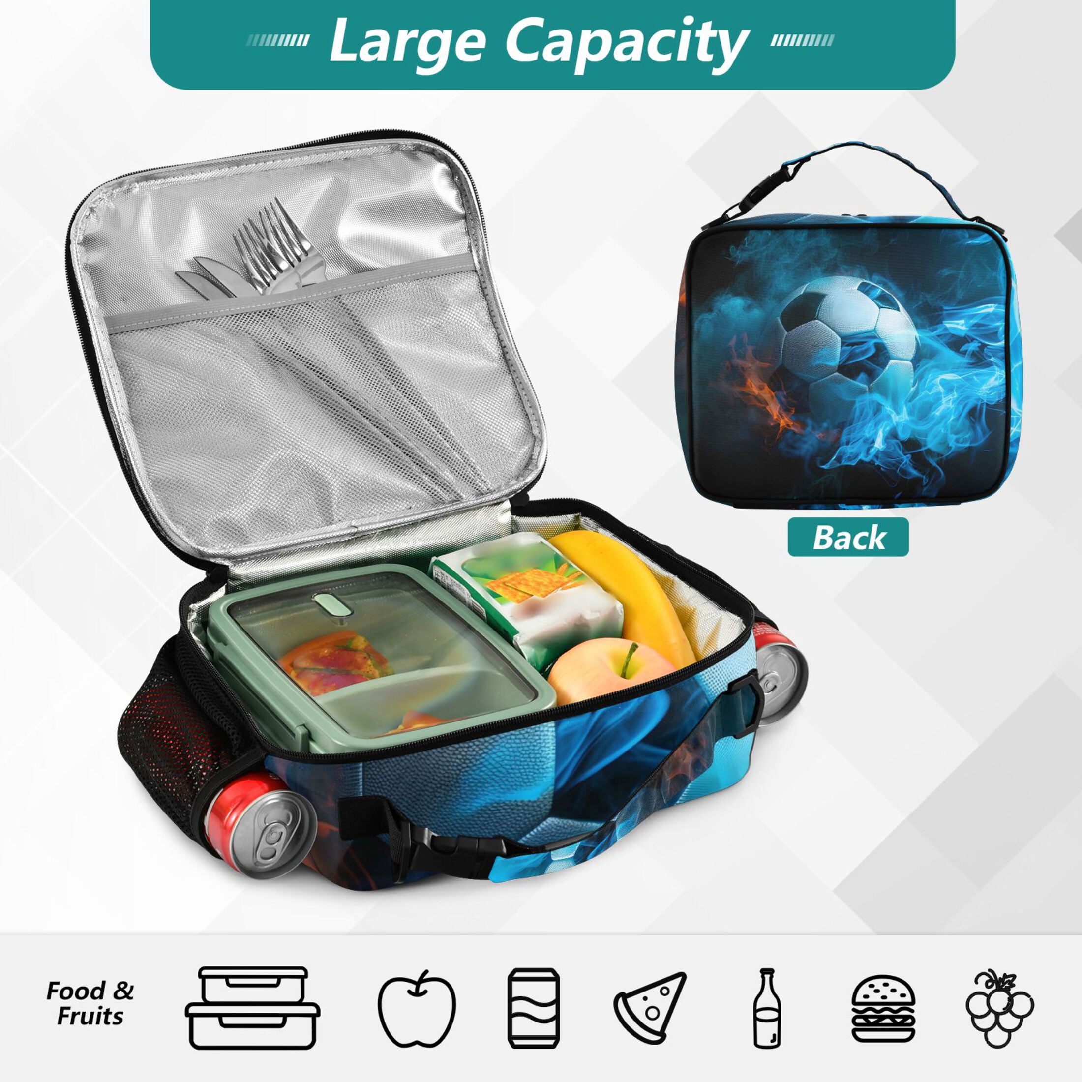 ALAZA Soccer Ball with Fire Lunch Box Insulated Lunch Bag Cooler Tote with Shoulder Strap