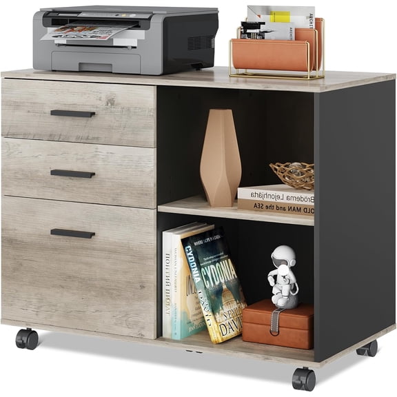 3 Drawer Mobile File Cabinet, Wood Lateral Filing Cabinet, Printer Stand with Open Shelves for Home Office, Black