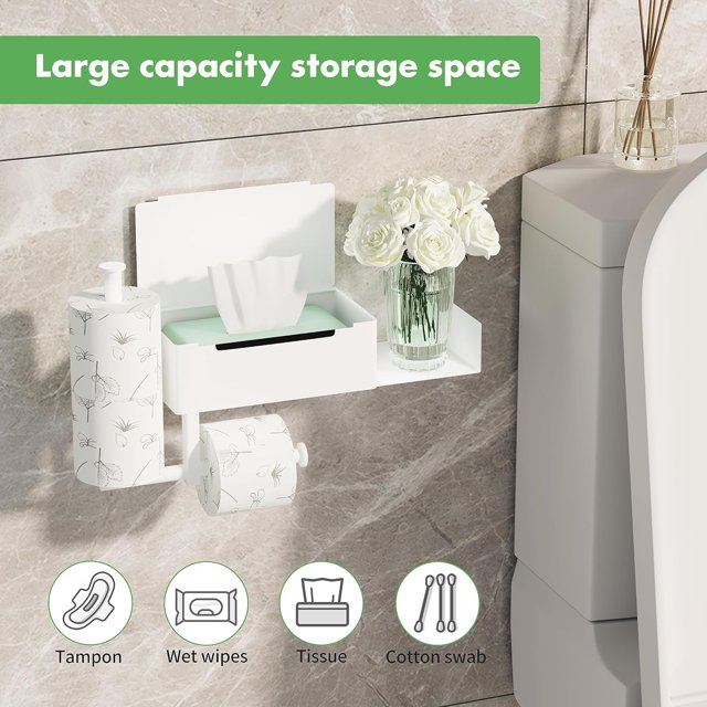 Portarrollos de Papel Higiénico, Portarrollos de Papel Higiénico de Pared sin Taladrar con Estantes y Caja de Toallitas Húmedas, Portarrollos de Papel Higiénico con 2 Portarrollos para Baño