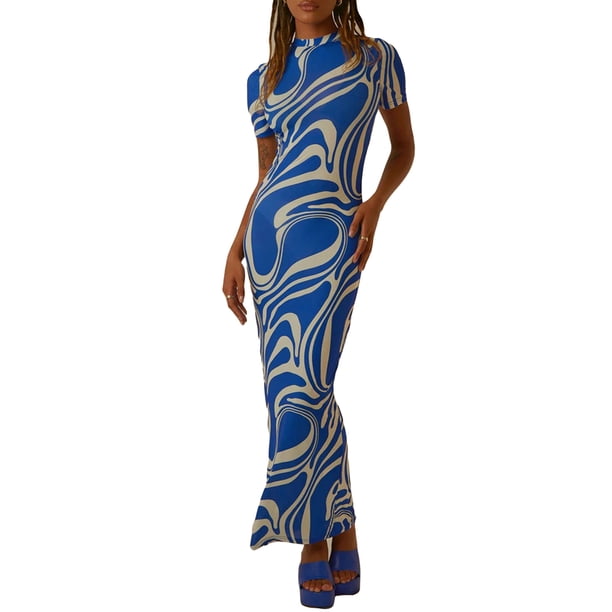 Txlixc Vestido de manga corta femenino elegante impresión de cuello redondo vestido de fiesta de verano Txlixc moda