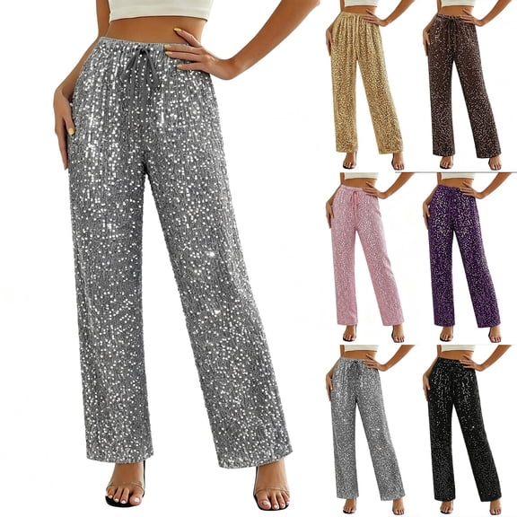 WWC Womens Elastic Waist Pants, Sequin Casual Pants for Women, Solid Color Lounge Pants with Pockets S-XXL