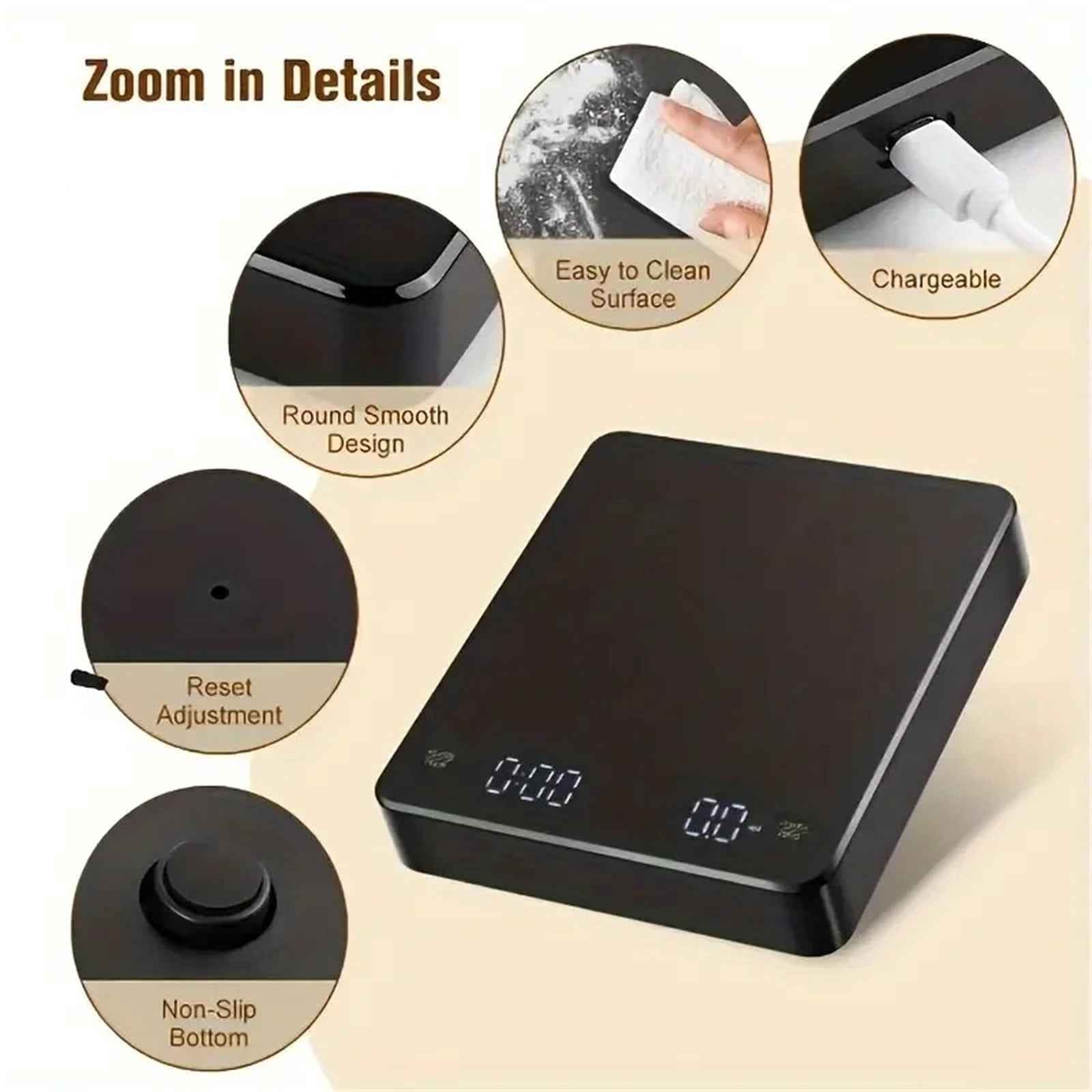 USB Digital Rechargeable Coffee Scale with Timer LED Screen Espresso  0.1g to 3kg High Accuracy Measuring Kitchen Scale